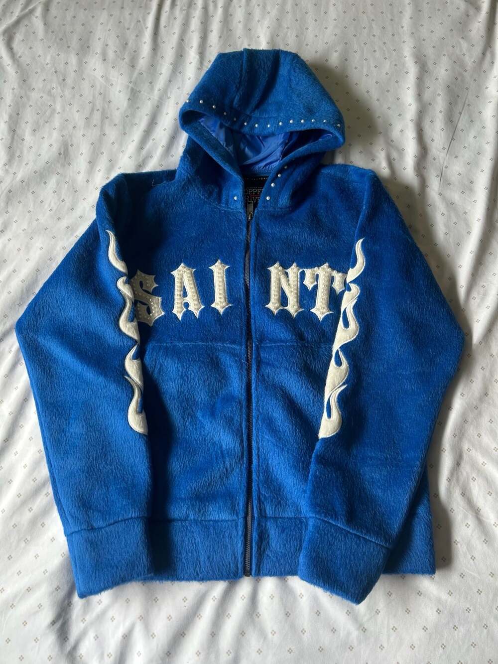 Copper Rivet Saints Mohair Pearl Embroidery Zip Hoodie Royal Blue Size S